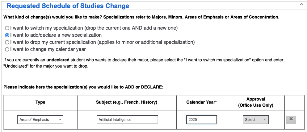 Schedule of Studies change form with Type: Area of Emphasis, Subject: the chosen area of emphasis, Calendar Year: 2025