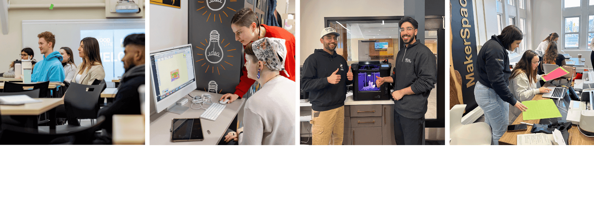 a series of photos of students in the MakerSpace
